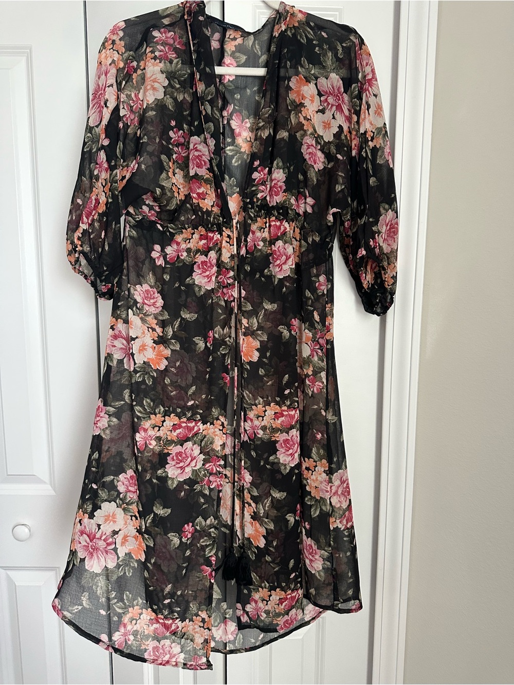 American Eagle Outfitters Black Floral Midi Dress with Pink & Peach Blooms